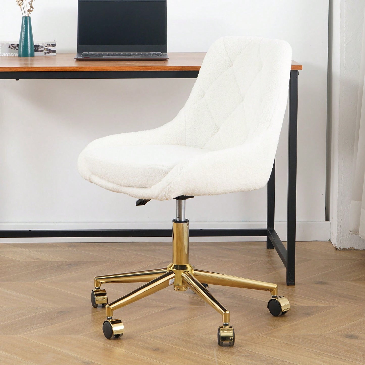 Soft Teddy Fleece Dining Chair with Gold Legs Adjustable Height Space Saving Design