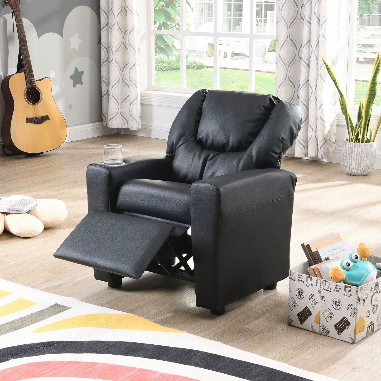 Kids Recliner Chair, Black PVC, Suitable For Any Scene, Sturdy, DURABLE CONSTRUCTION, Easy Assembly, ERGONOMIC DESIGN