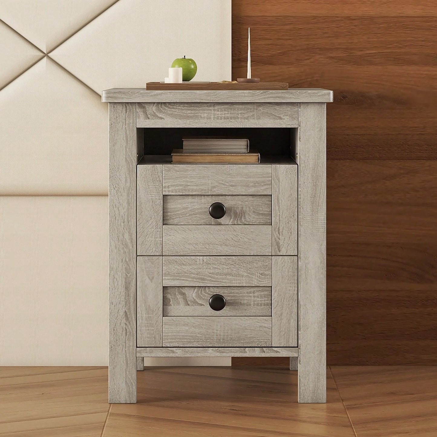 2-Drawer Farmhouse Wooden Nightstand With Well-Proportioned Design And Sleek Lines, Wood Side Table With Storage Cabinet For Bedroom