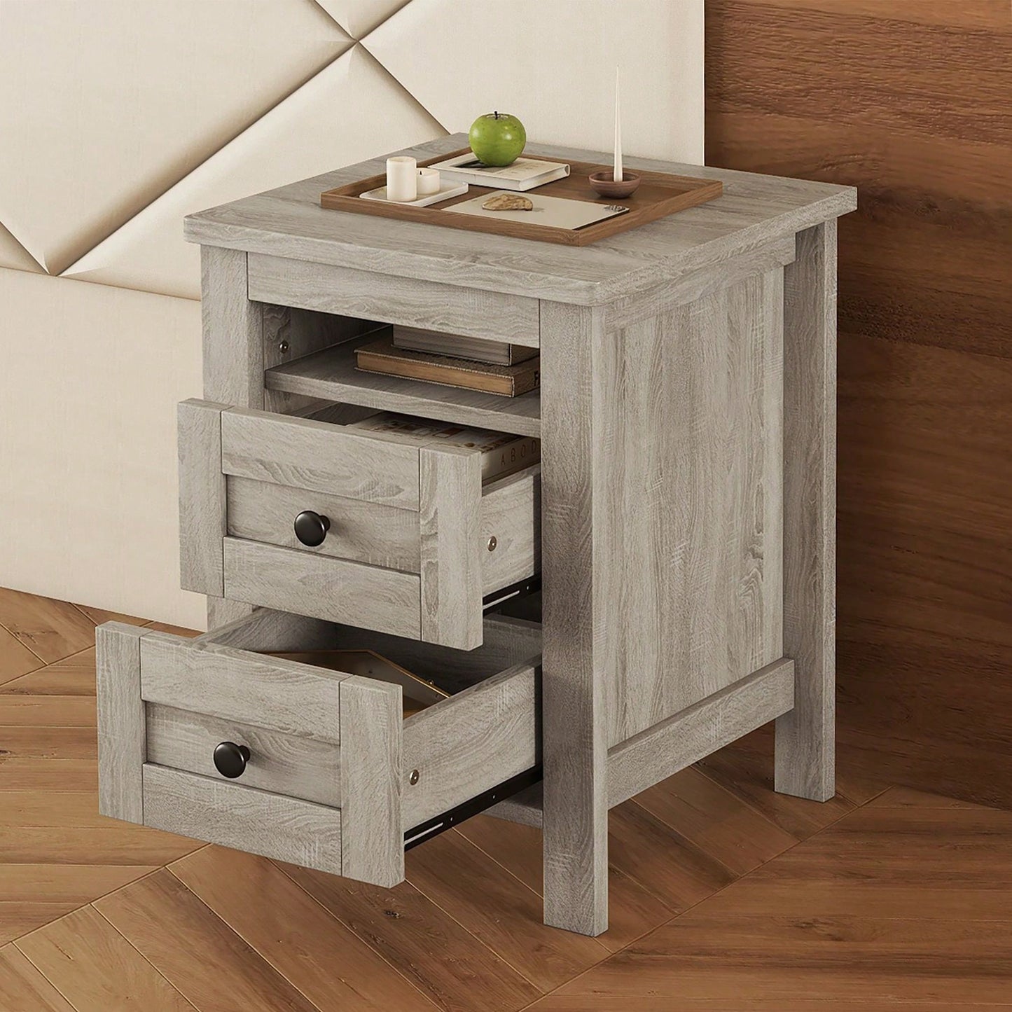 2-Drawer Farmhouse Wooden Nightstand With Well-Proportioned Design And Sleek Lines, Wood Side Table With Storage Cabinet For Bedroom