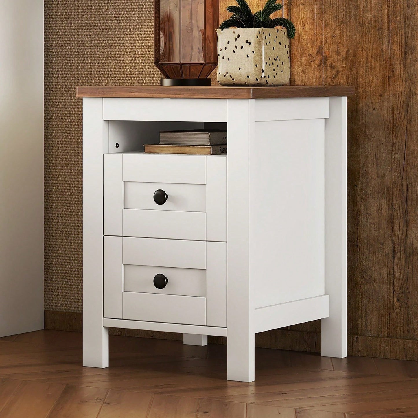 2-Drawer Farmhouse Wooden Nightstand With Well-Proportioned Design And Sleek Lines, Wood Side Table With Storage Cabinet For Bedroom