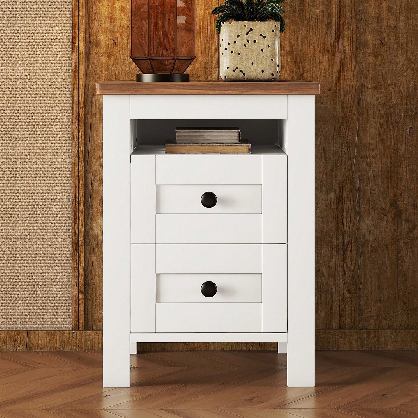 2-Drawer Farmhouse Wooden Nightstand With Well-Proportioned Design And Sleek Lines, Wood Side Table With Storage Cabinet For Bedroom