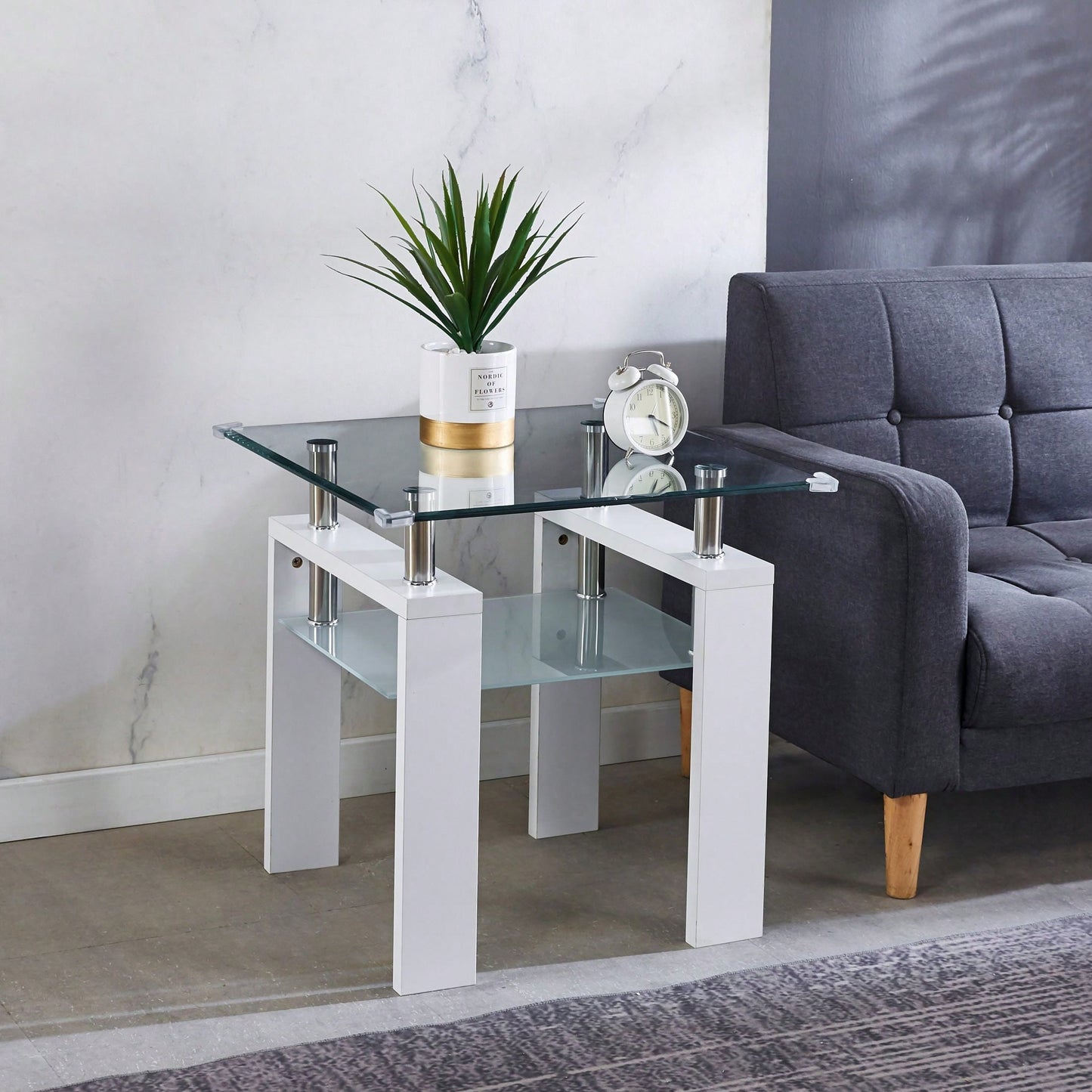 Modern Metal Side Table With Clear Glass Top And Frosted Glass Shelf