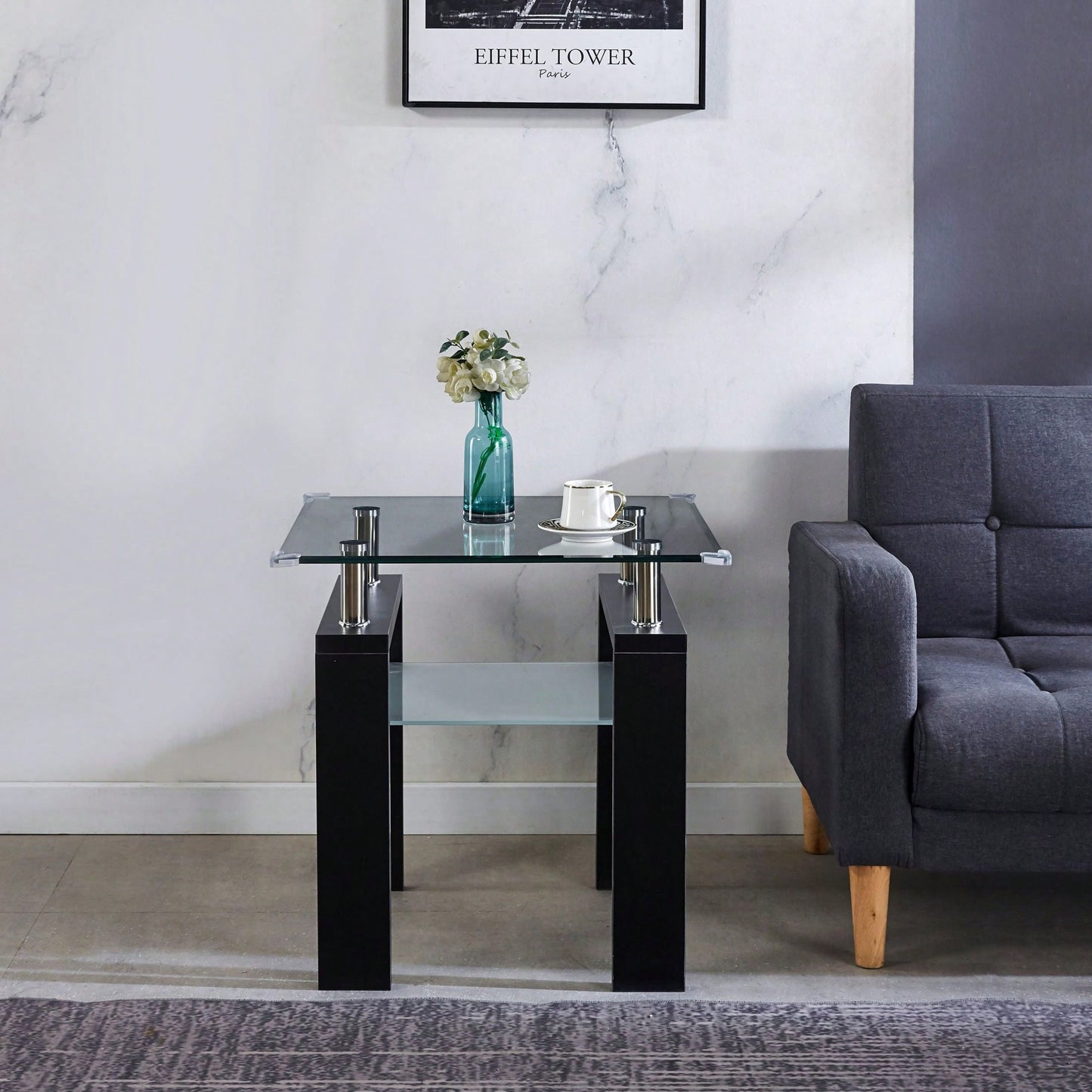 Modern Metal Side Table With Clear Glass Top And Frosted Glass Shelf