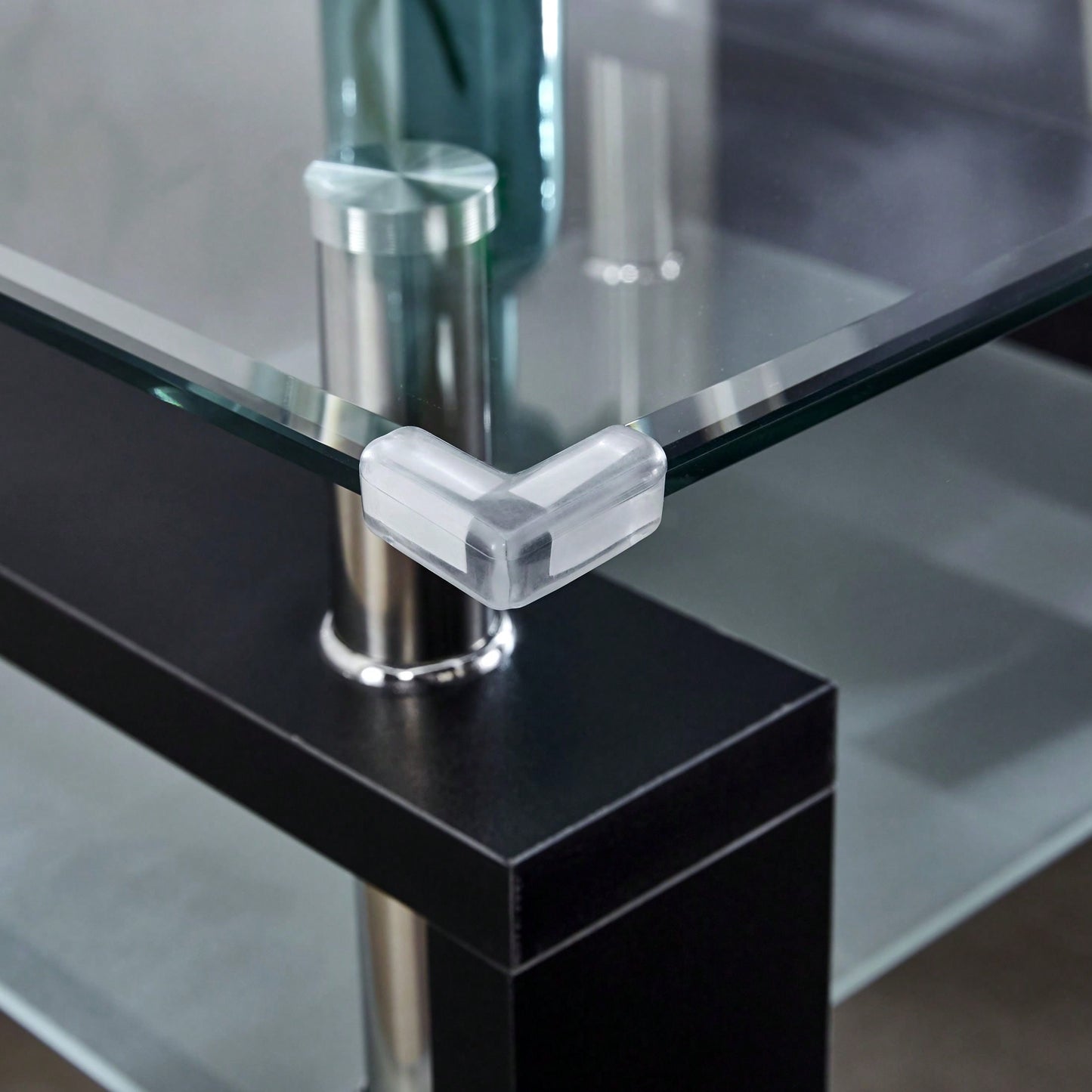 Modern Metal Side Table With Clear Glass Top And Frosted Glass Shelf