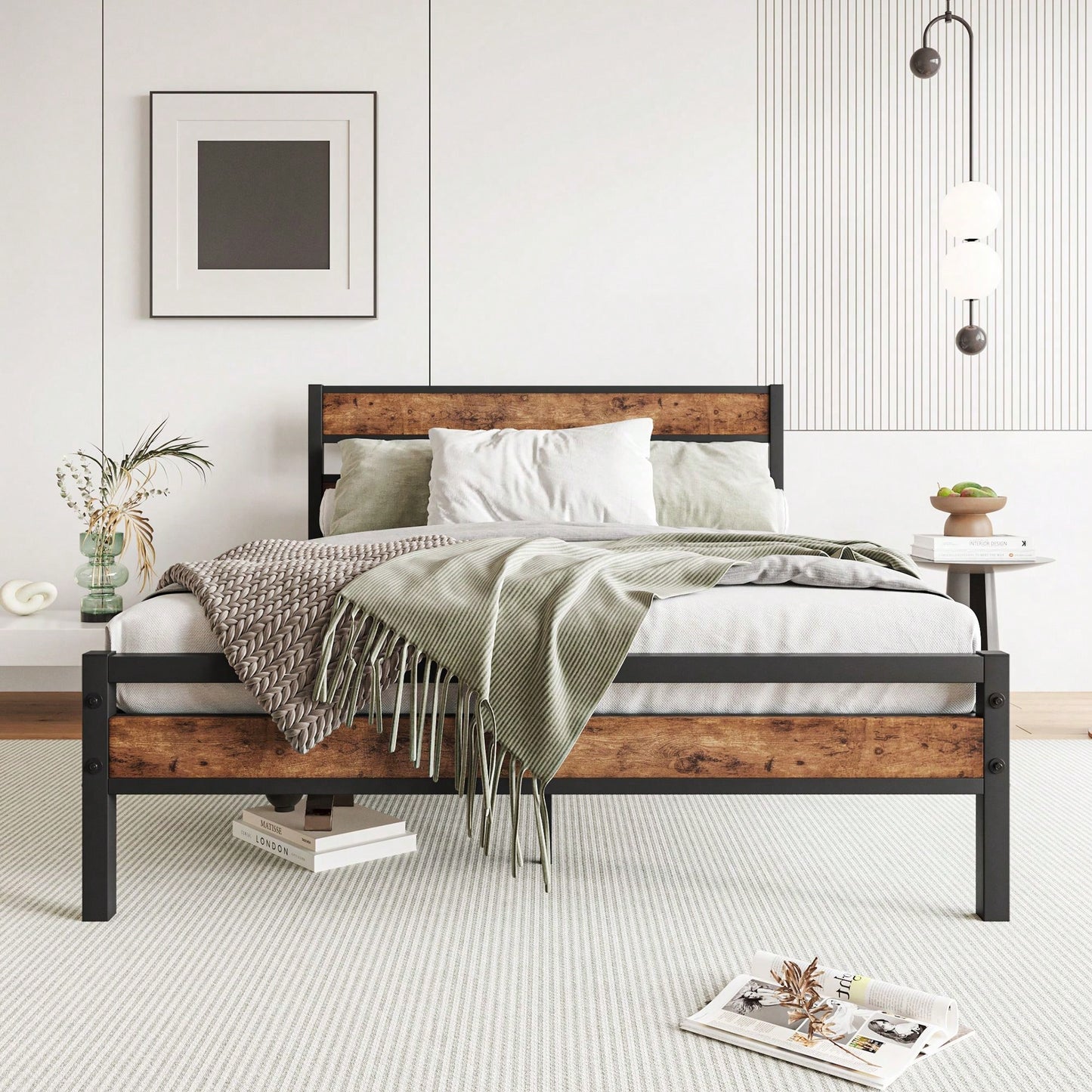 Full Size Rustic Wood And Metal Industrial-Style Bed Frame With Platform Design And Headboard/Footboard