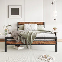 Full Size Rustic Wood And Metal Industrial-Style Bed Frame With Platform Design And Headboard/Footboard