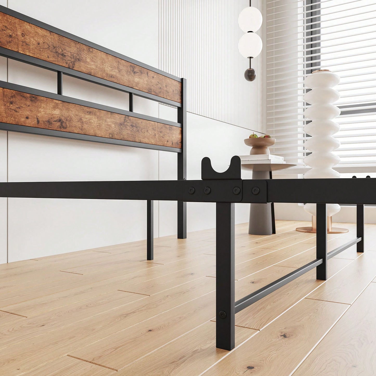 Full Size Rustic Wood And Metal Industrial-Style Bed Frame With Platform Design And Headboard/Footboard