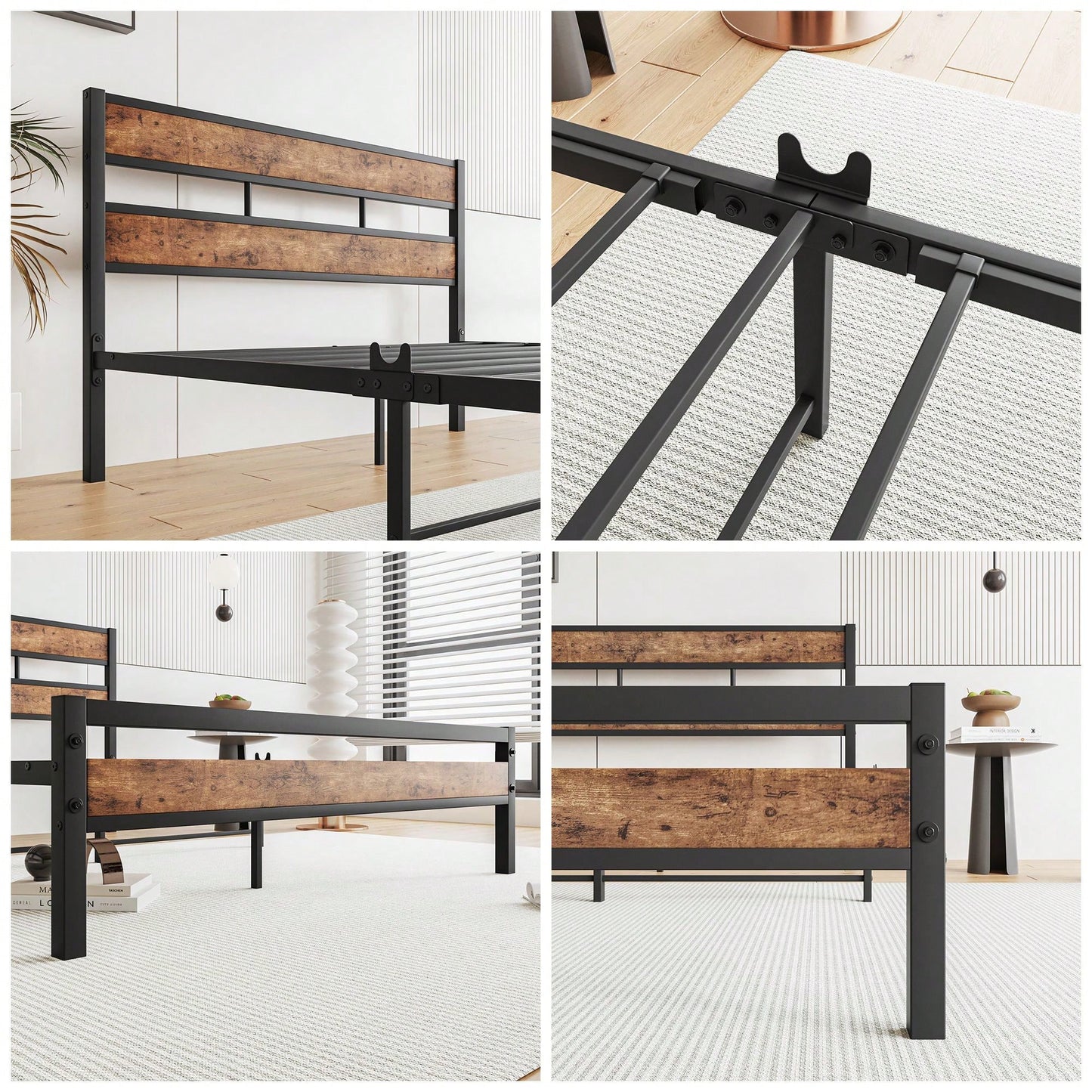 Full Size Rustic Wood And Metal Industrial-Style Bed Frame With Platform Design And Headboard/Footboard
