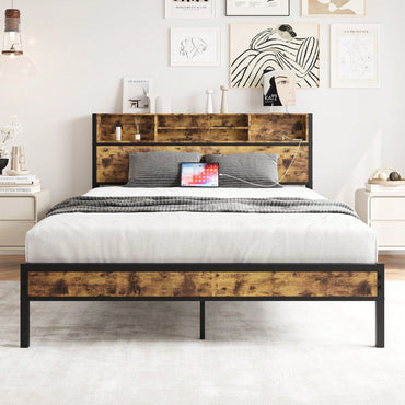 Sturdy Noise-Free Queen Bed Frame with Storage Headboard and Charging Station Easy Assembly Metal Platform No Box Spring Needed