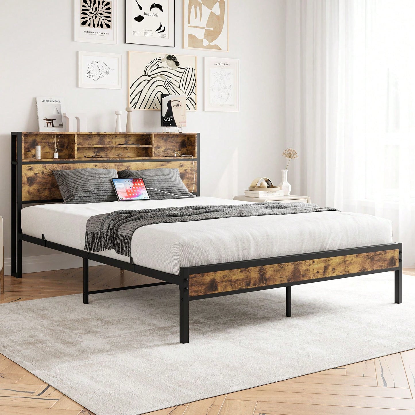 Sturdy Noise-Free Queen Bed Frame with Storage Headboard and Charging Station Easy Assembly Metal Platform No Box Spring Needed