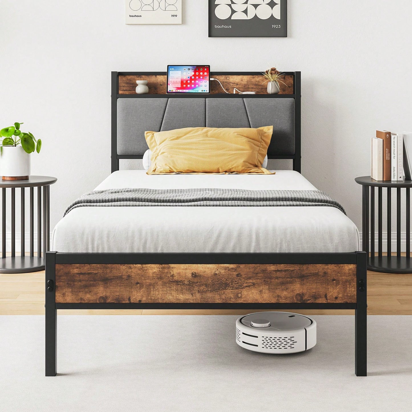 Twin Size Bed Frame, Convenient Storage And Charging Bed Headboard With Shelves, Outlets, And Under-Bed Space