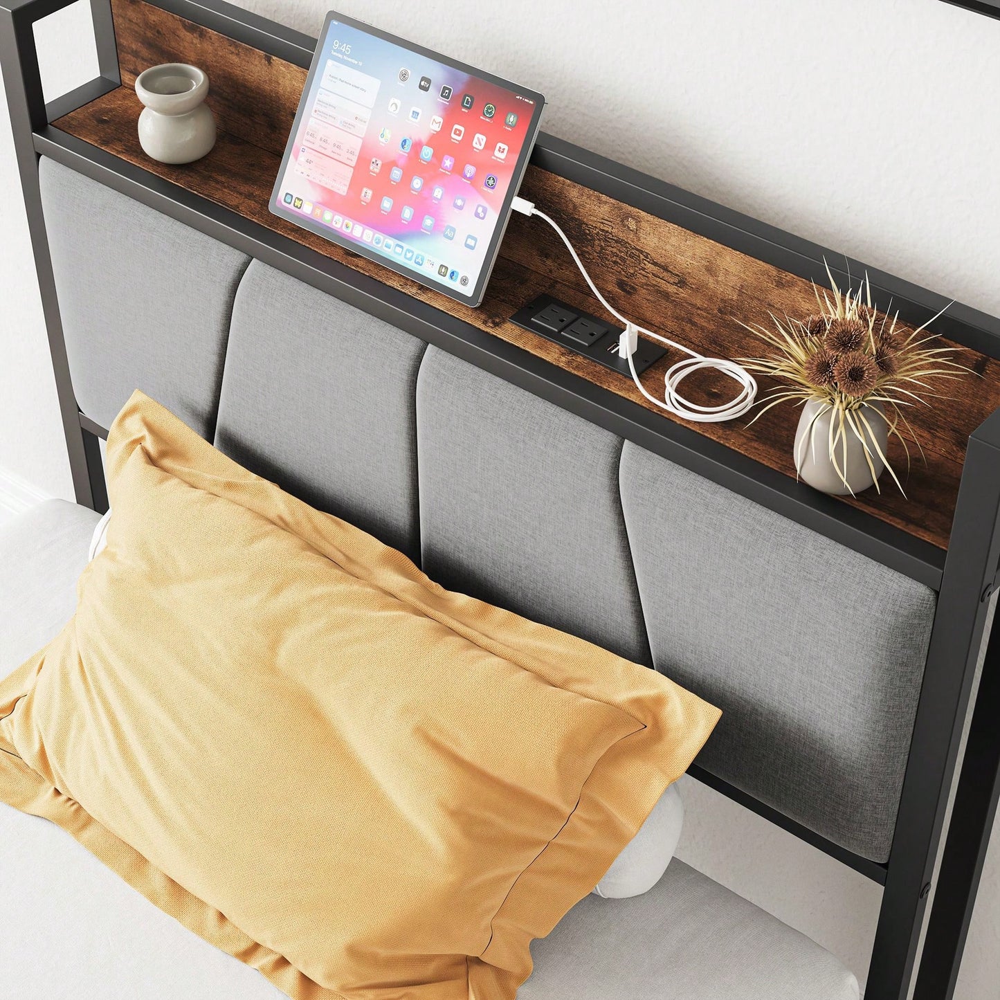 Twin Size Bed Frame, Convenient Storage And Charging Bed Headboard With Shelves, Outlets, And Under-Bed Space