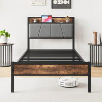 Twin Size Bed Frame, Convenient Storage And Charging Bed Headboard With Shelves, Outlets, And Under-Bed Space