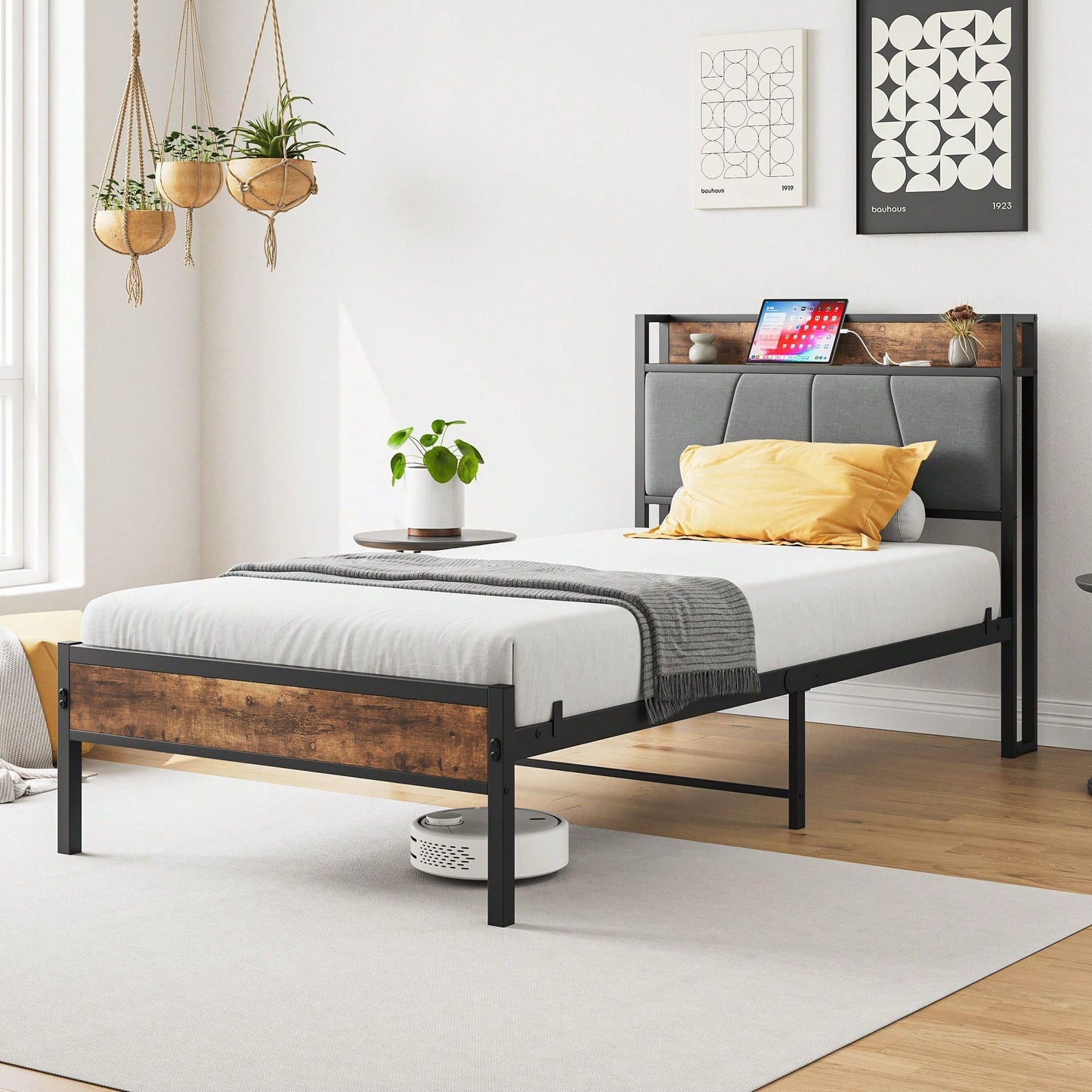 Twin Size Bed Frame, Convenient Storage And Charging Bed Headboard With Shelves, Outlets, And Under-Bed Space