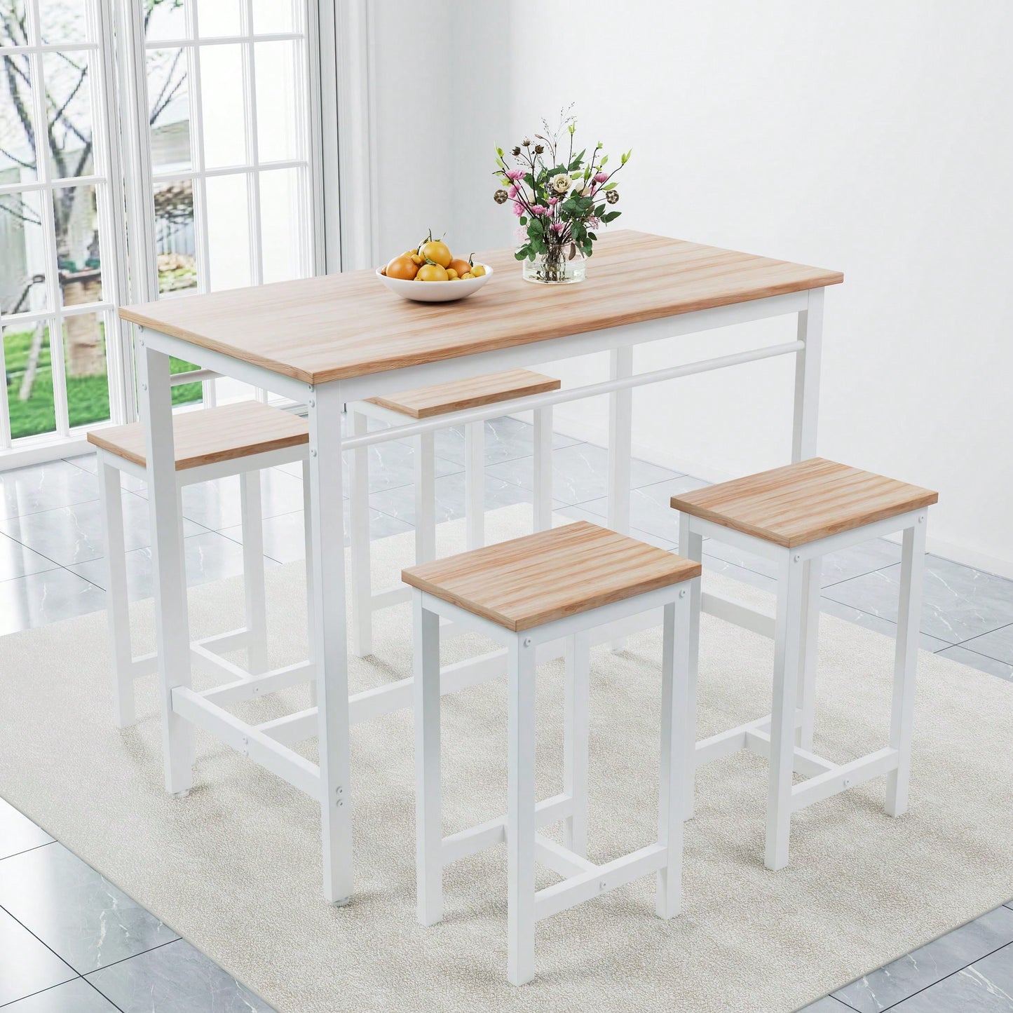 5 Pieces Compact And Durable Table Set With Four Bar Chairs Ideal For Dining, Study, And Small Gatherings