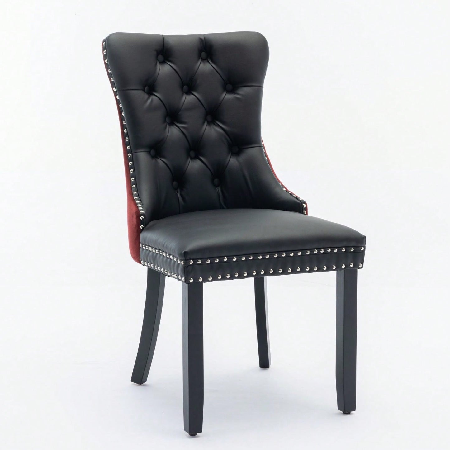 Modern High-End Tufted Dining Chairs Set of 2 Velvet Upholstered Wood Legs Nailhead Trim Black and Wine Red