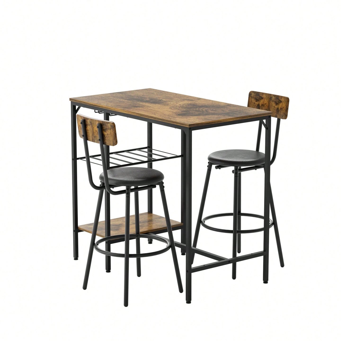 3 Pieces Pub Dining Table Set, 2 Bar Stools PU Upholstery Seat With Backrest For Kitchen, Apartment, Small Space