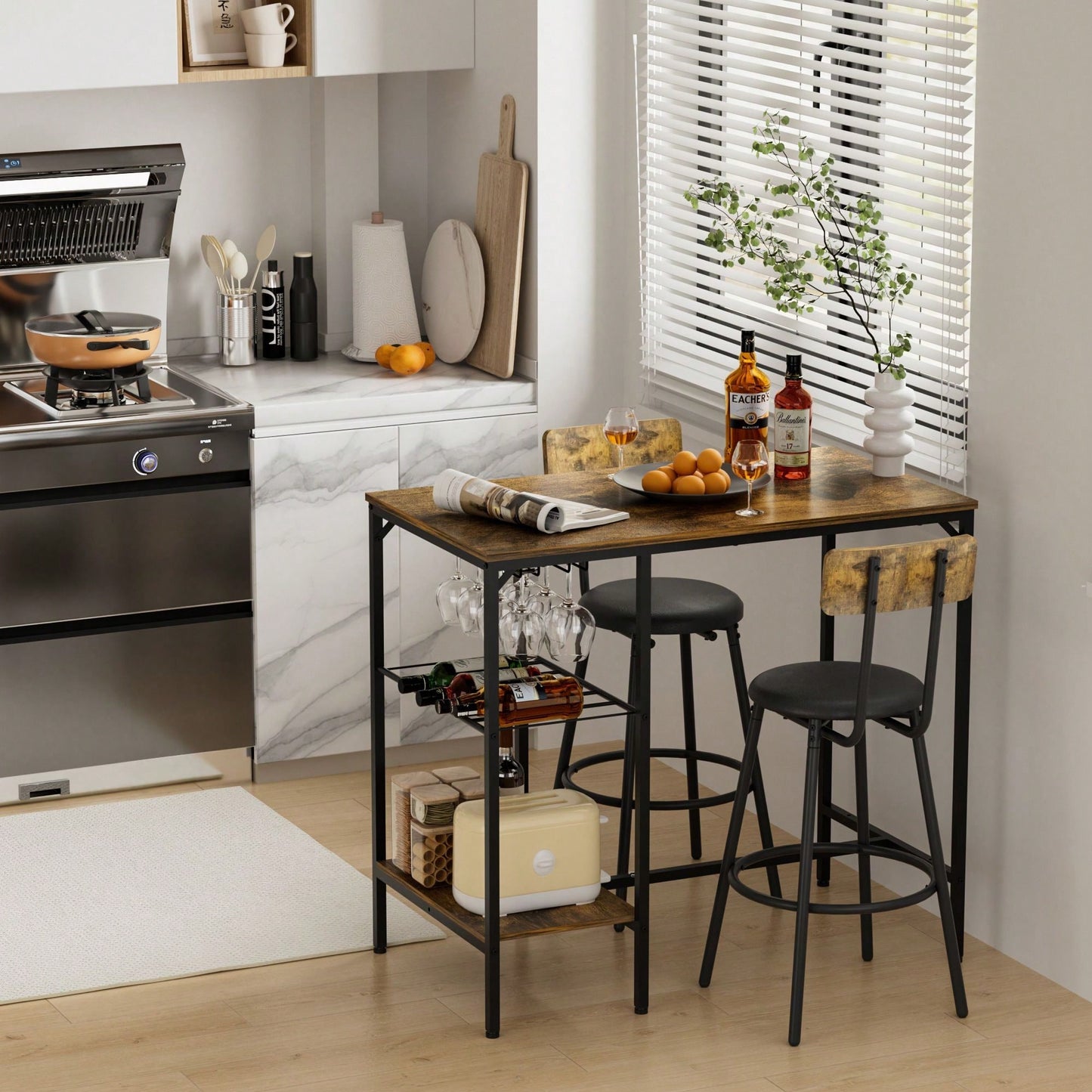 3 Pieces Pub Dining Table Set, 2 Bar Stools PU Upholstery Seat With Backrest For Kitchen, Apartment, Small Space