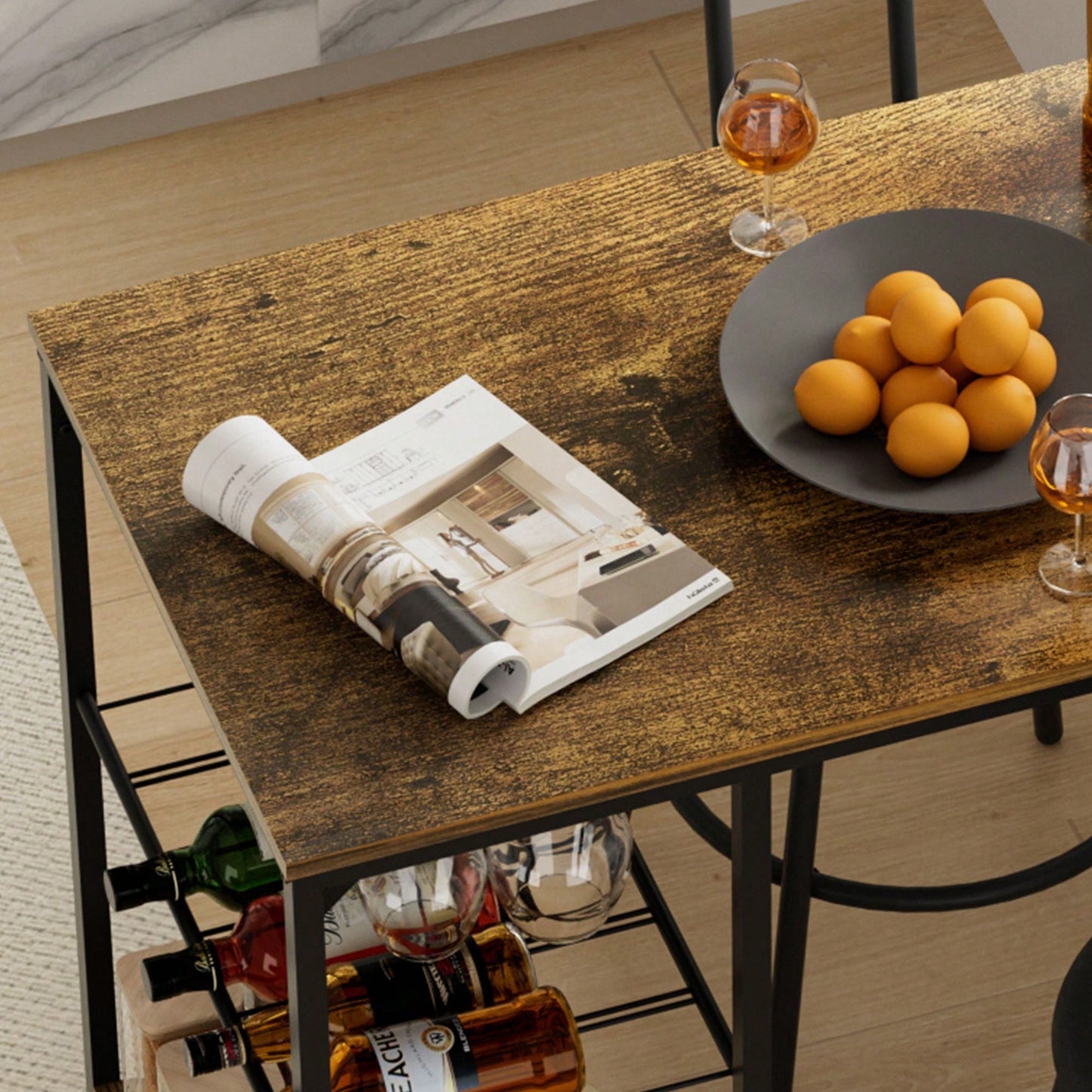 3 Pieces Pub Dining Table Set, 2 Bar Stools PU Upholstery Seat With Backrest For Kitchen, Apartment, Small Space