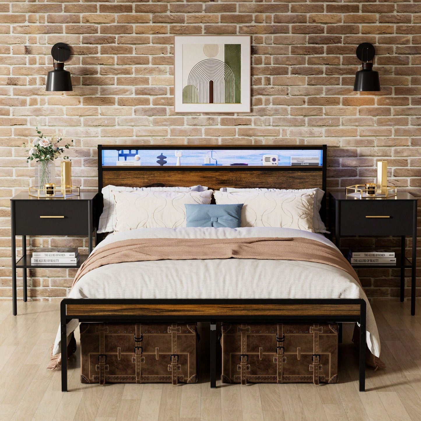 Sturdy Metal Queen Bed Frame With Headboard, Storage, And Built-In Outlets Easy Assembly And Convenient Features