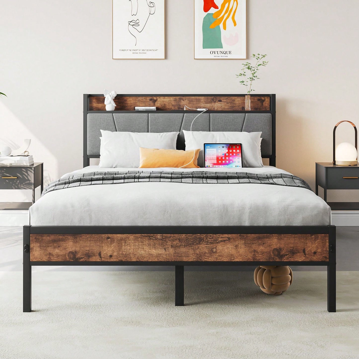 Full Size Bed Frame, Storage Headboard With Charging Station, Solid And Stable, Noise Free, No Box Spring Needed, Easy Assembly