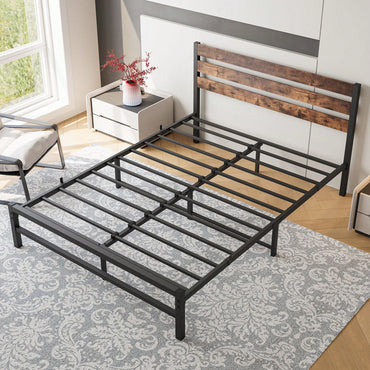 Queen Size Platform Bed Frame With Rustic Vintage Wood Headboard, Strong Metal Slats Support Mattress Foundation, No Box Spring Needed