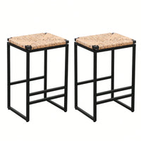 Set Of 2, Water Hyacinth Woven Bar Stools For Kitchen Counter Water Hyacinth Grass Backless Barstools With Footrest