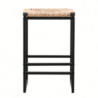 Set Of 2, Water Hyacinth Woven Bar Stools For Kitchen Counter Water Hyacinth Grass Backless Barstools With Footrest
