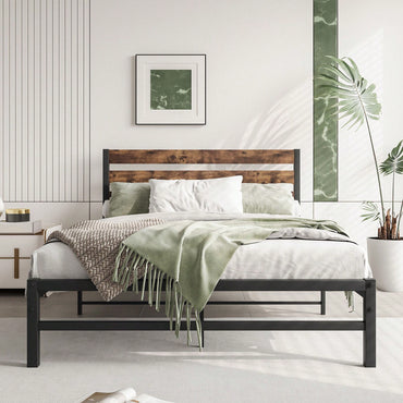Full Size Platform Bed Frame With Rustic Vintage Wood Headboard, Strong Metal Slats Support Mattress Foundation, No Box Spring Needed