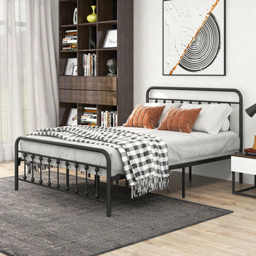 Queen Size Platform Bed Frame, No Box Spring Needed, Metal Bed With Vintage Headboard And Footboard, Premium Steel Slat Support