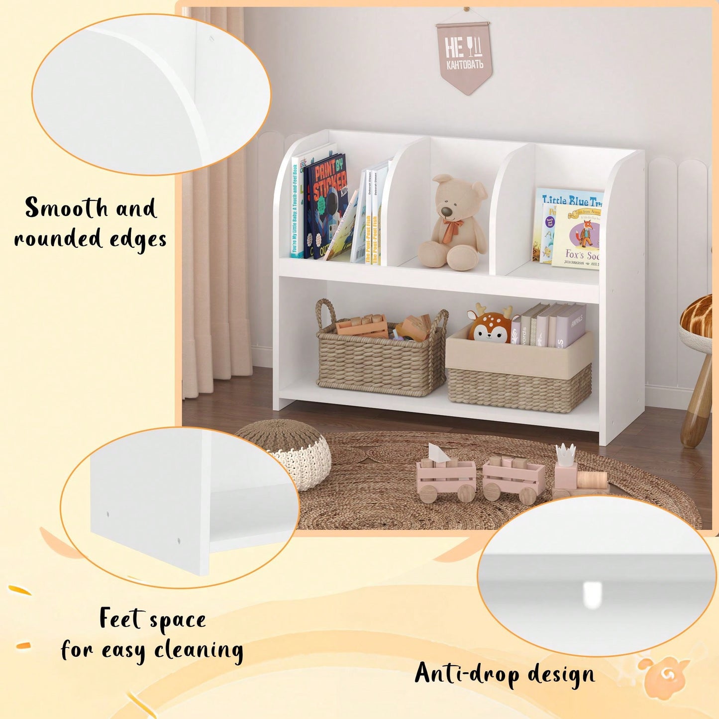 Kids Bookcase With 4 Compartments, Storage Book Shelf, Storage Display, Rack,Toy Organizer For Children's Room, Playroom, Nursery