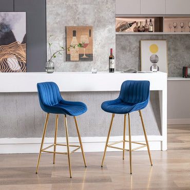 Set Of 2, 26" Bar Stools,With Steel Frame Footrest Velvet Fabric Golden Leg Simple Bar Stool
