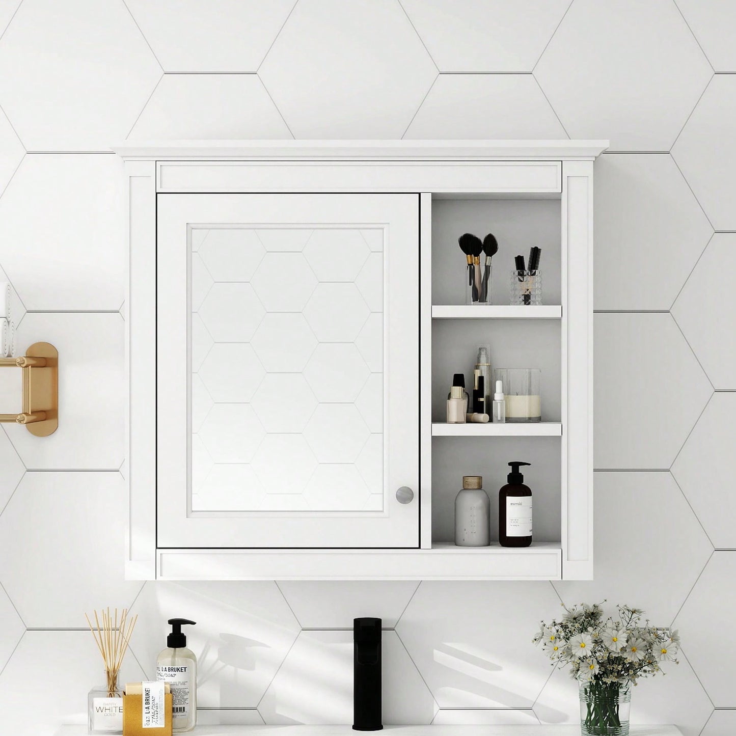 30 Inch Modern Wall Mounted Bathroom Storage Cabinet with Mirror and 3 Open Shelves