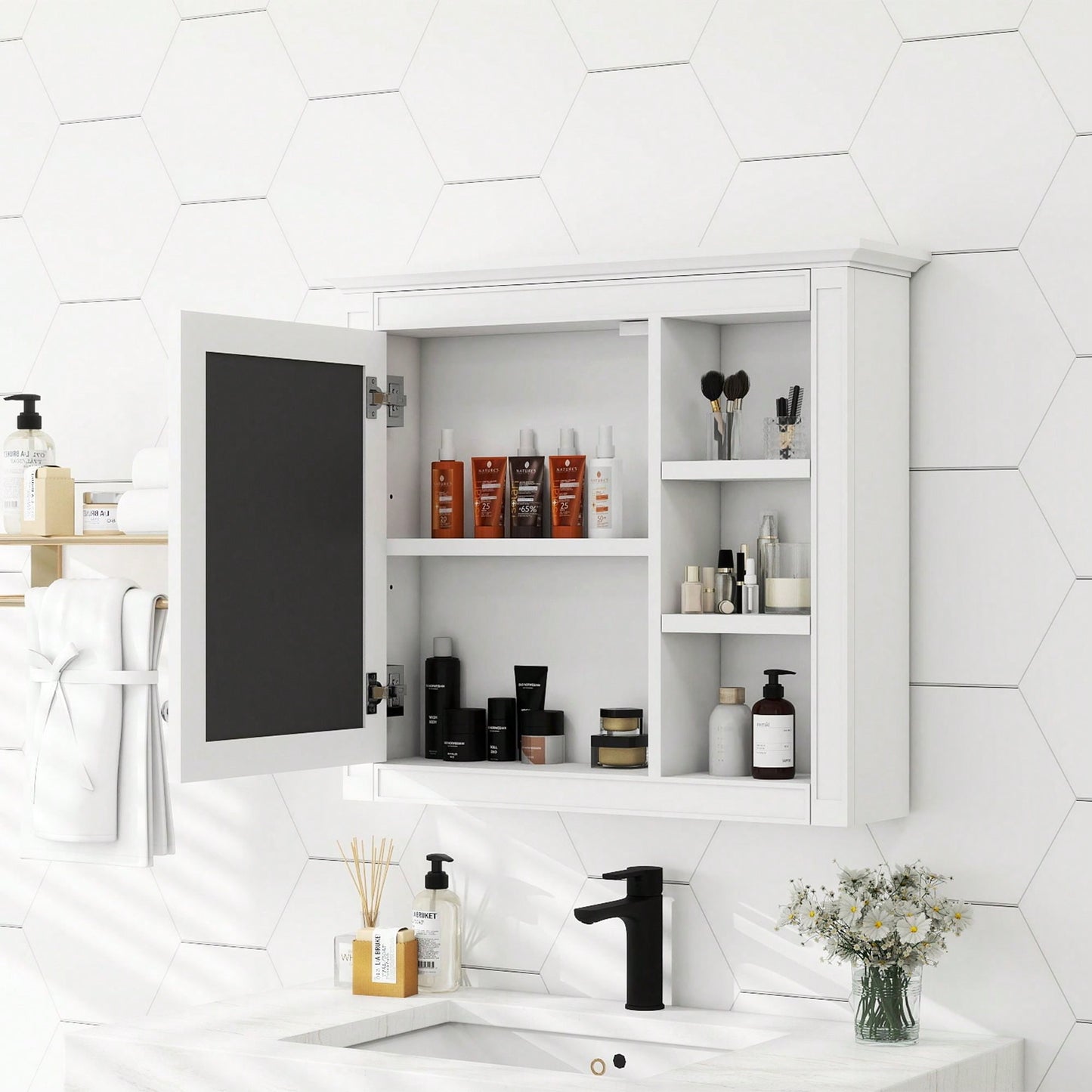 30 Inch Modern Wall Mounted Bathroom Storage Cabinet with Mirror and 3 Open Shelves