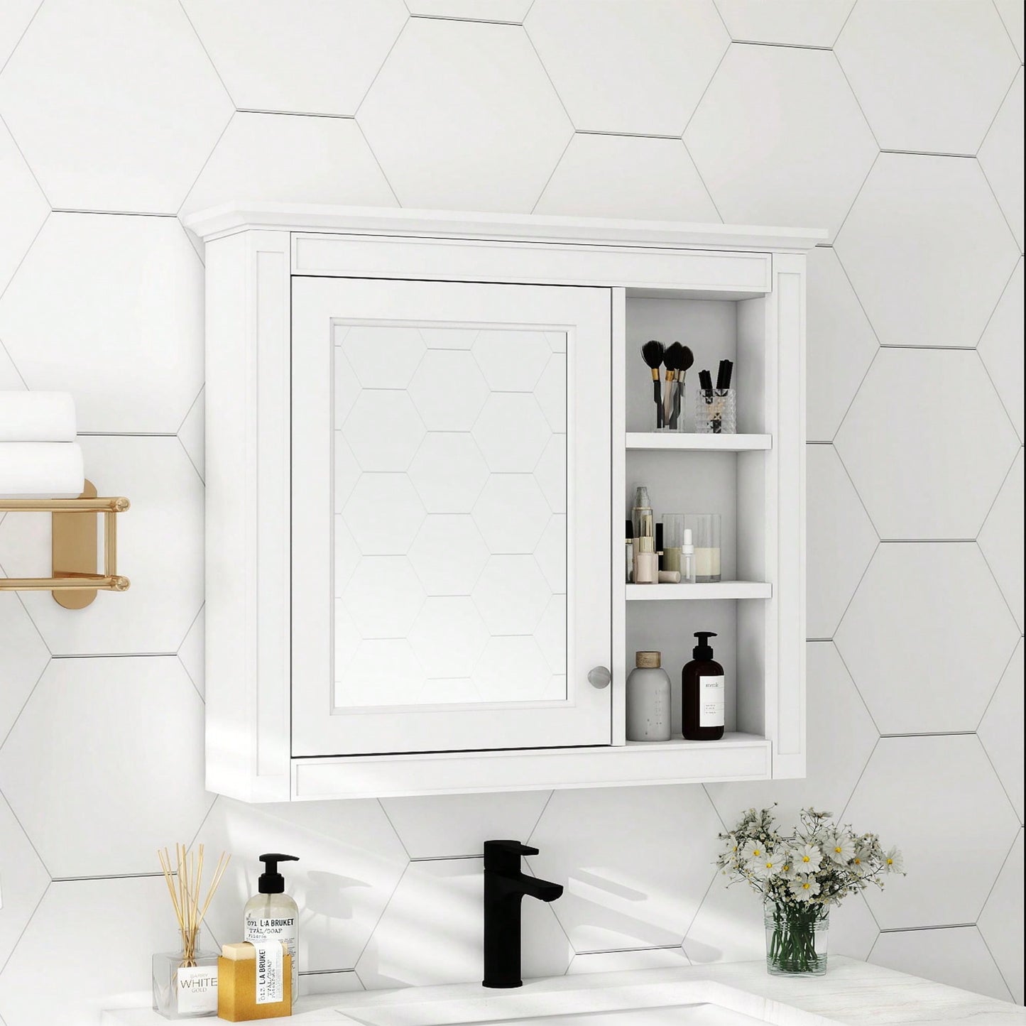 30 Inch Modern Wall Mounted Bathroom Storage Cabinet with Mirror and 3 Open Shelves