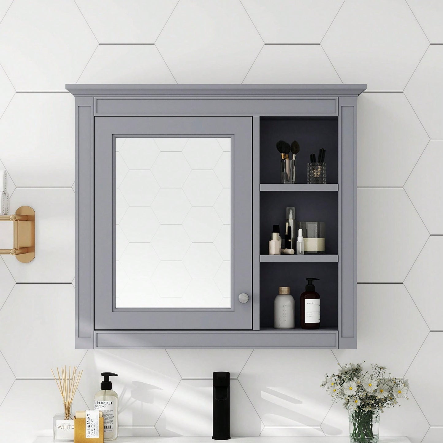 30 Inch Modern Wall Mounted Bathroom Storage Cabinet with Mirror and 3 Open Shelves