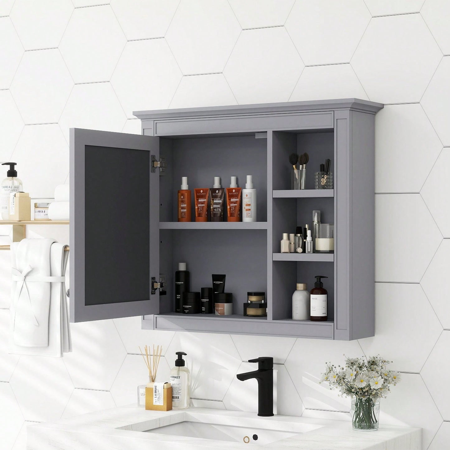 30 Inch Modern Wall Mounted Bathroom Storage Cabinet with Mirror and 3 Open Shelves