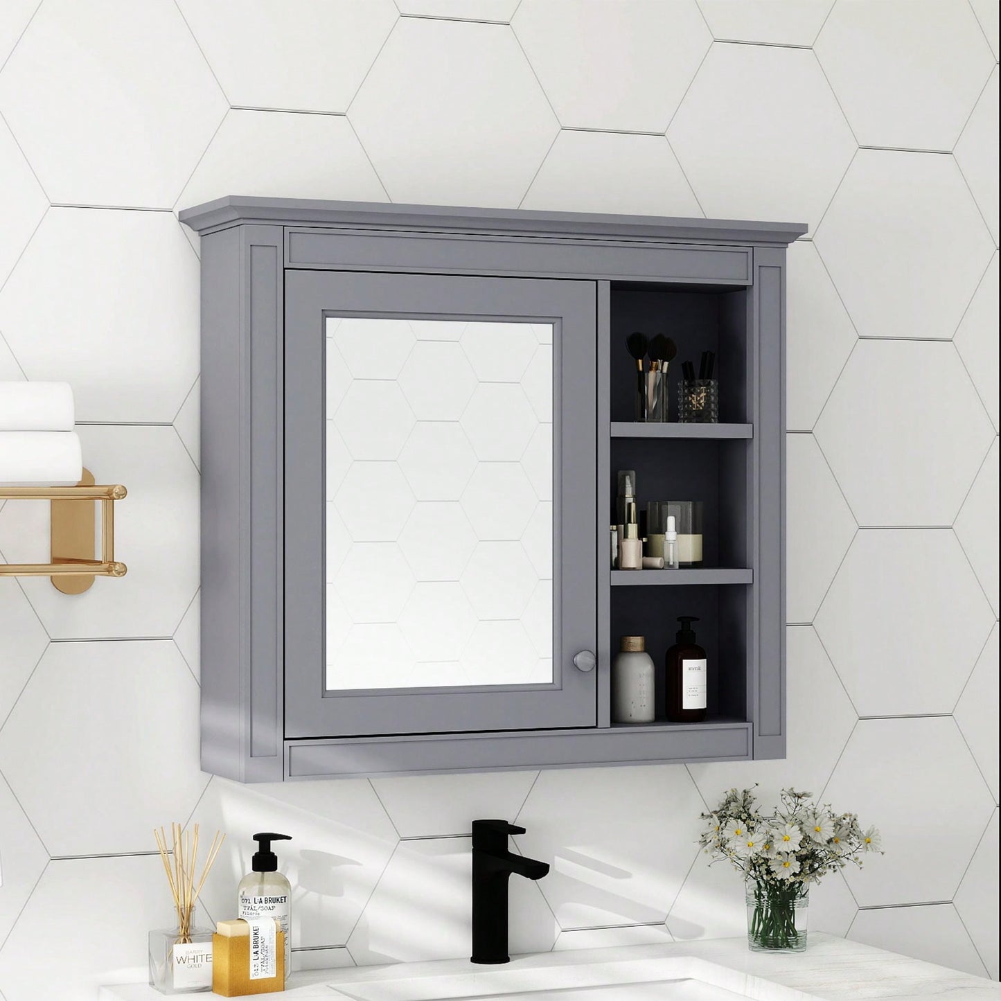 30 Inch Modern Wall Mounted Bathroom Storage Cabinet with Mirror and 3 Open Shelves