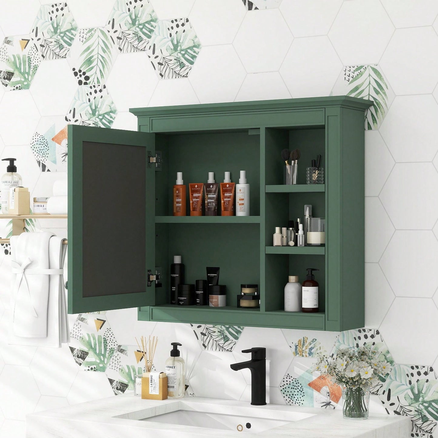 30 Inch Modern Wall Mounted Bathroom Storage Cabinet with Mirror and 3 Open Shelves