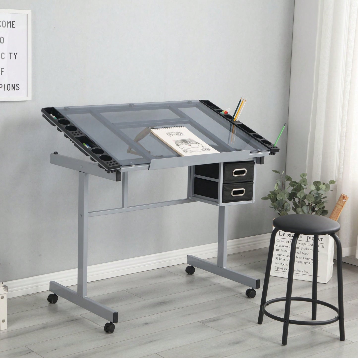 Adjustable Art Drawing Desk Craft Station Drafting Table With 2 Non-Woven Fabric Slide Drawers And 4 Wheels