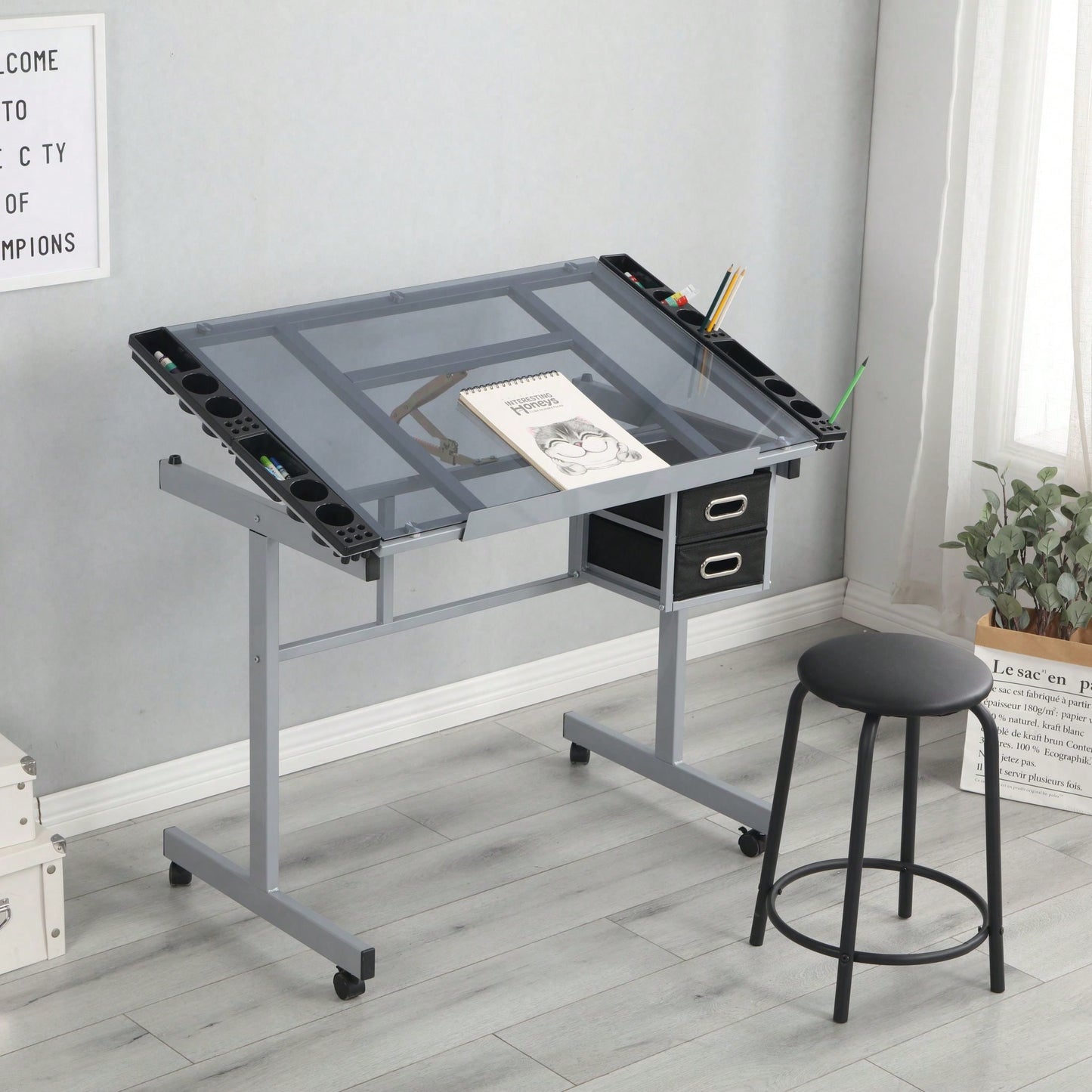 Adjustable Art Drawing Desk Craft Station Drafting Table With 2 Non-Woven Fabric Slide Drawers And 4 Wheels