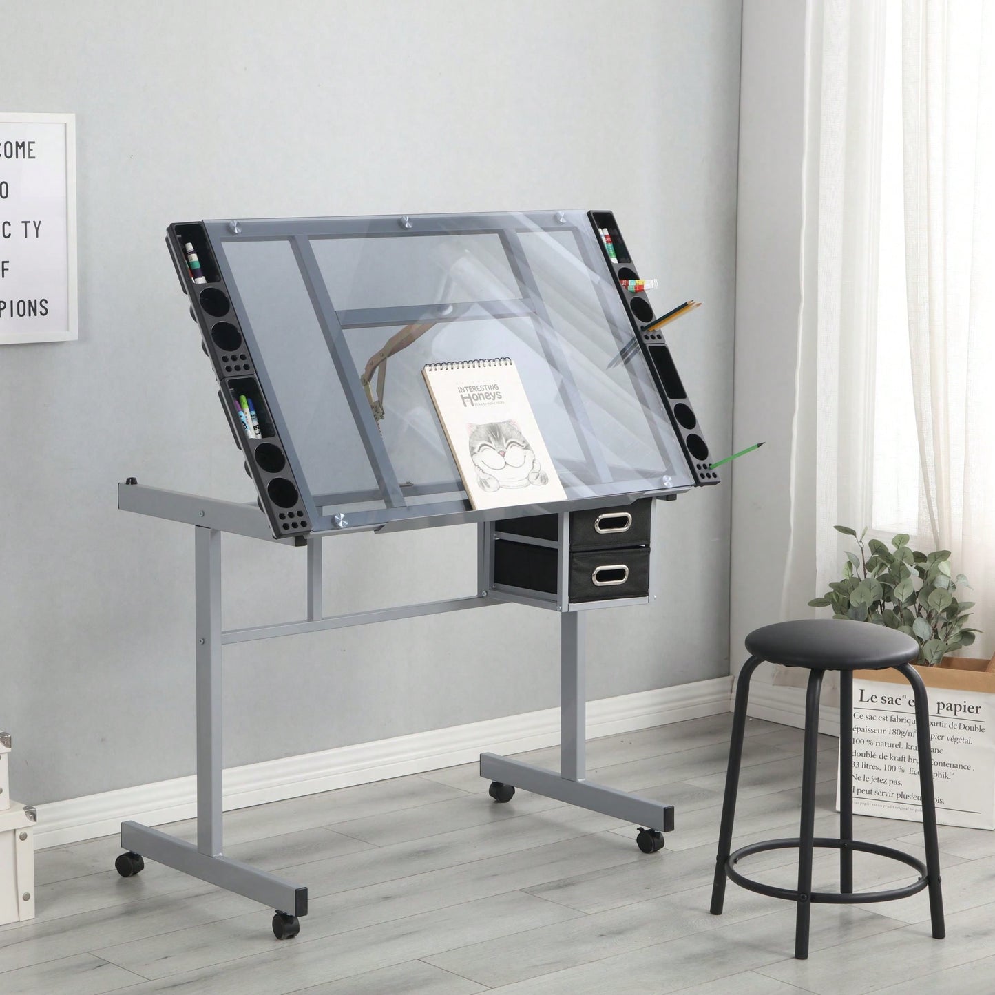 Adjustable Art Drawing Desk Craft Station Drafting Table With 2 Non-Woven Fabric Slide Drawers And 4 Wheels