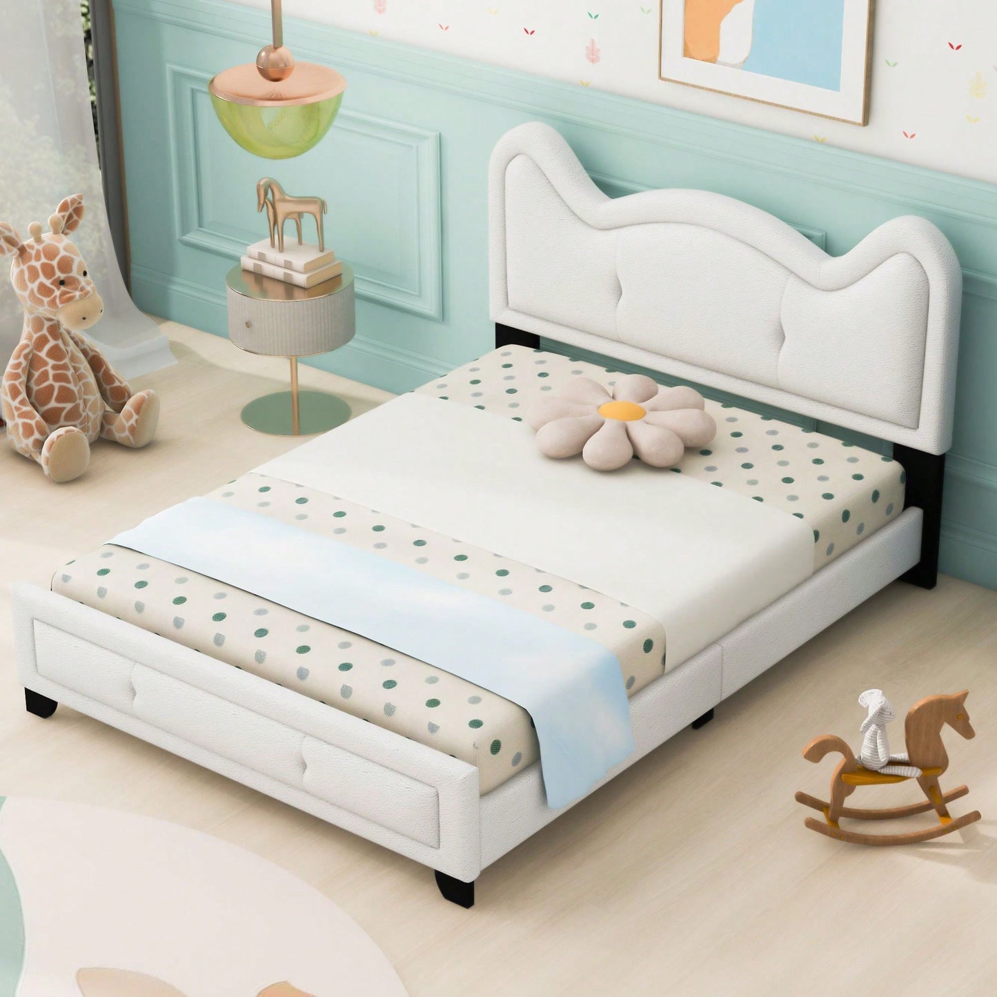 Full Size Upholstered Platform Bed With Cartoon Ears Shaped Headboard