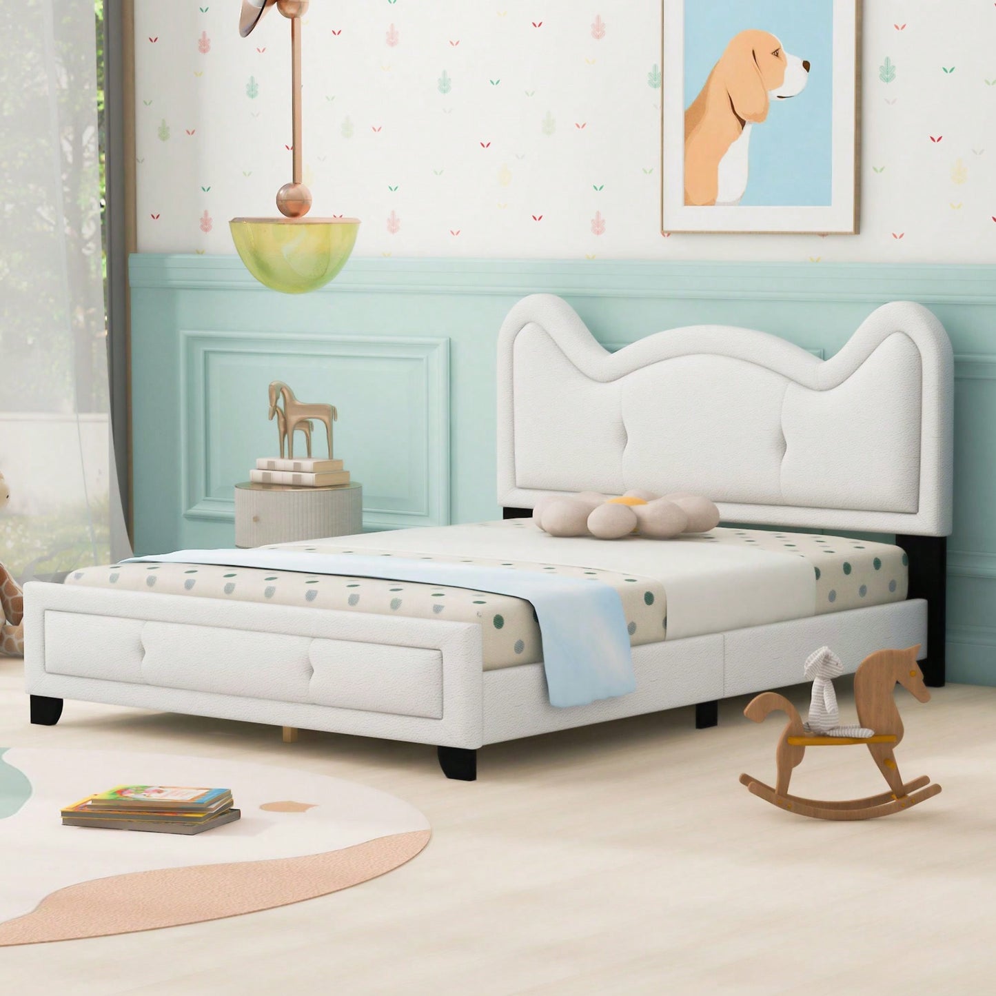 Full Size Upholstered Platform Bed With Cartoon Ears Shaped Headboard