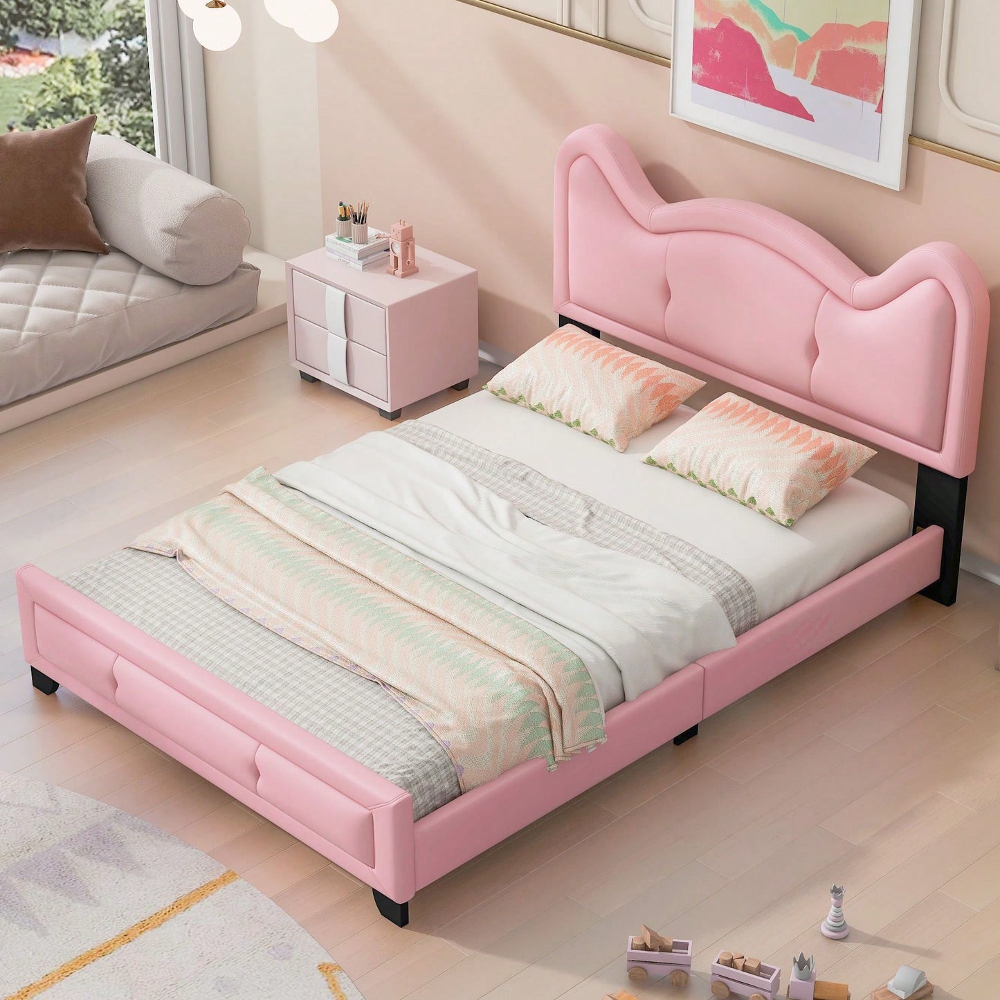 Full Size Upholstered Platform Bed With Cartoon Ears Shaped Headboard