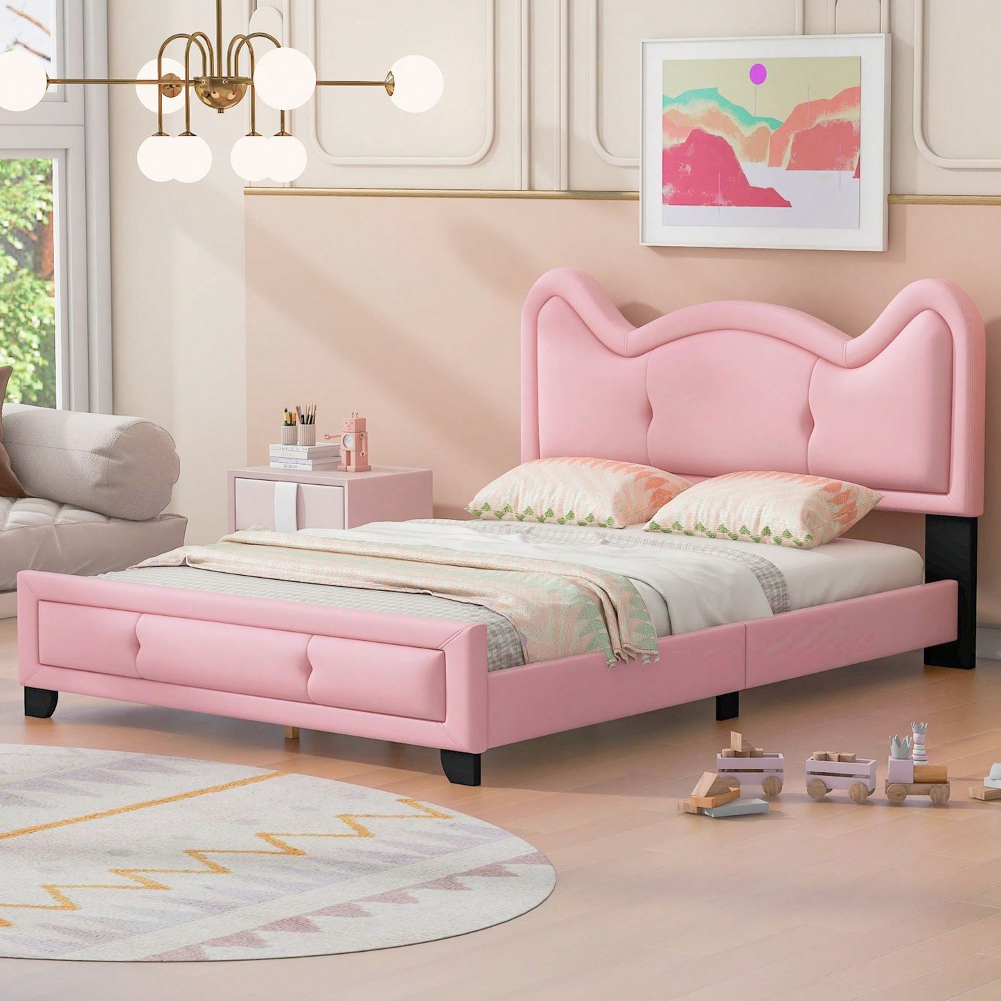 Full Size Upholstered Platform Bed With Cartoon Ears Shaped Headboard