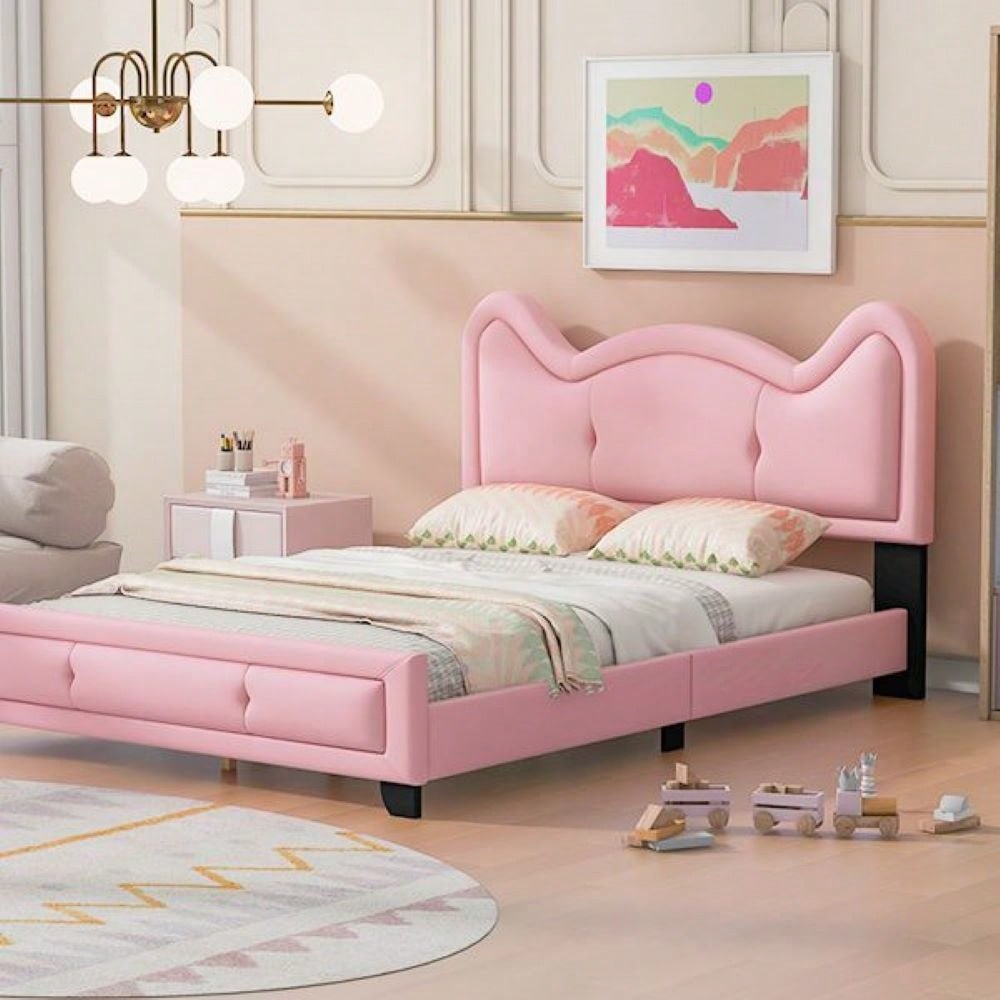 Full Size Upholstered Platform Bed With Cartoon Ears Shaped Headboard