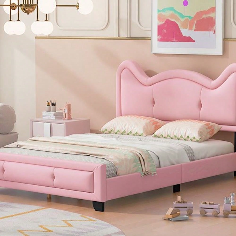 Full Size Upholstered Platform Bed With Cartoon Ears Shaped Headboard