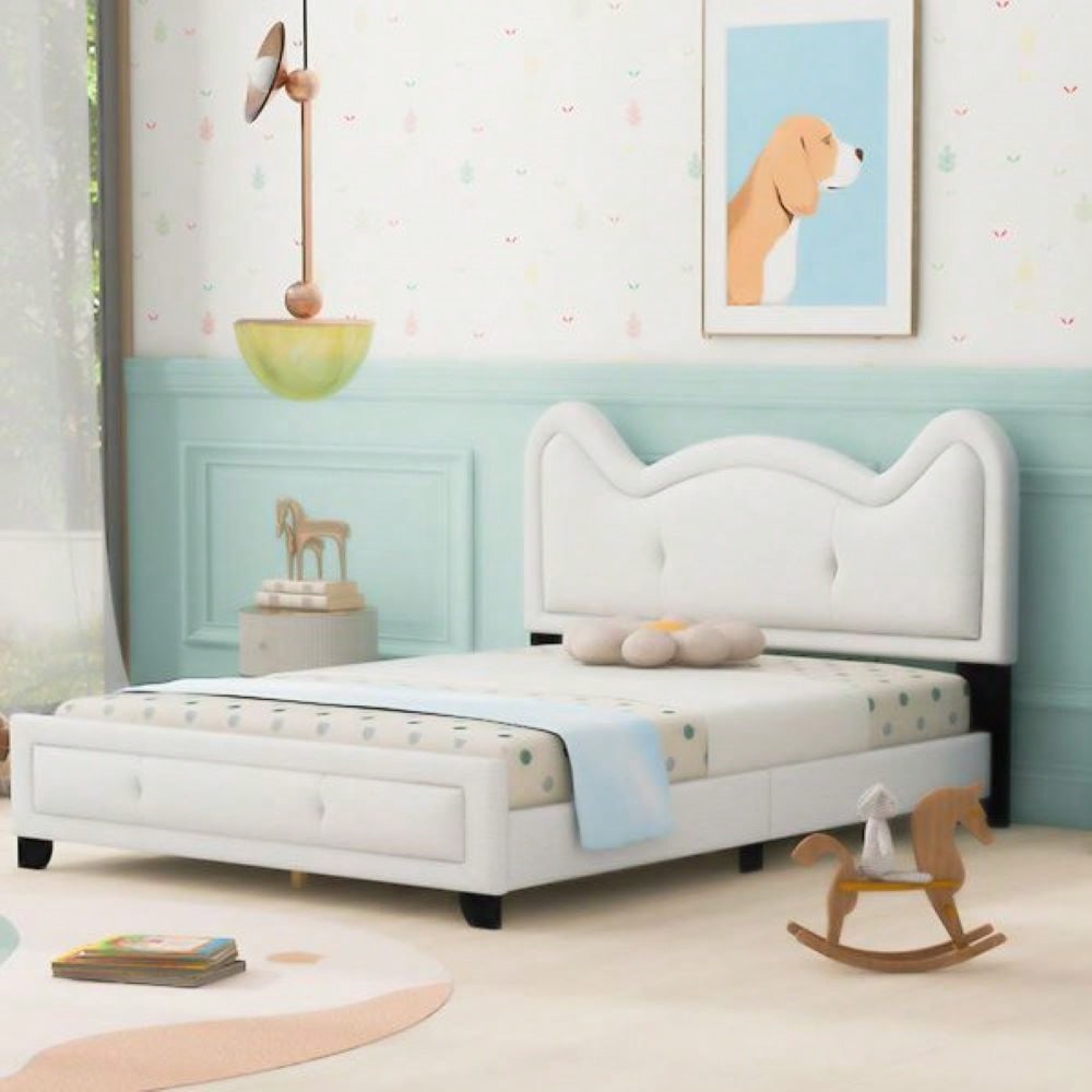 Full Size Upholstered Platform Bed With Cartoon Ears Shaped Headboard